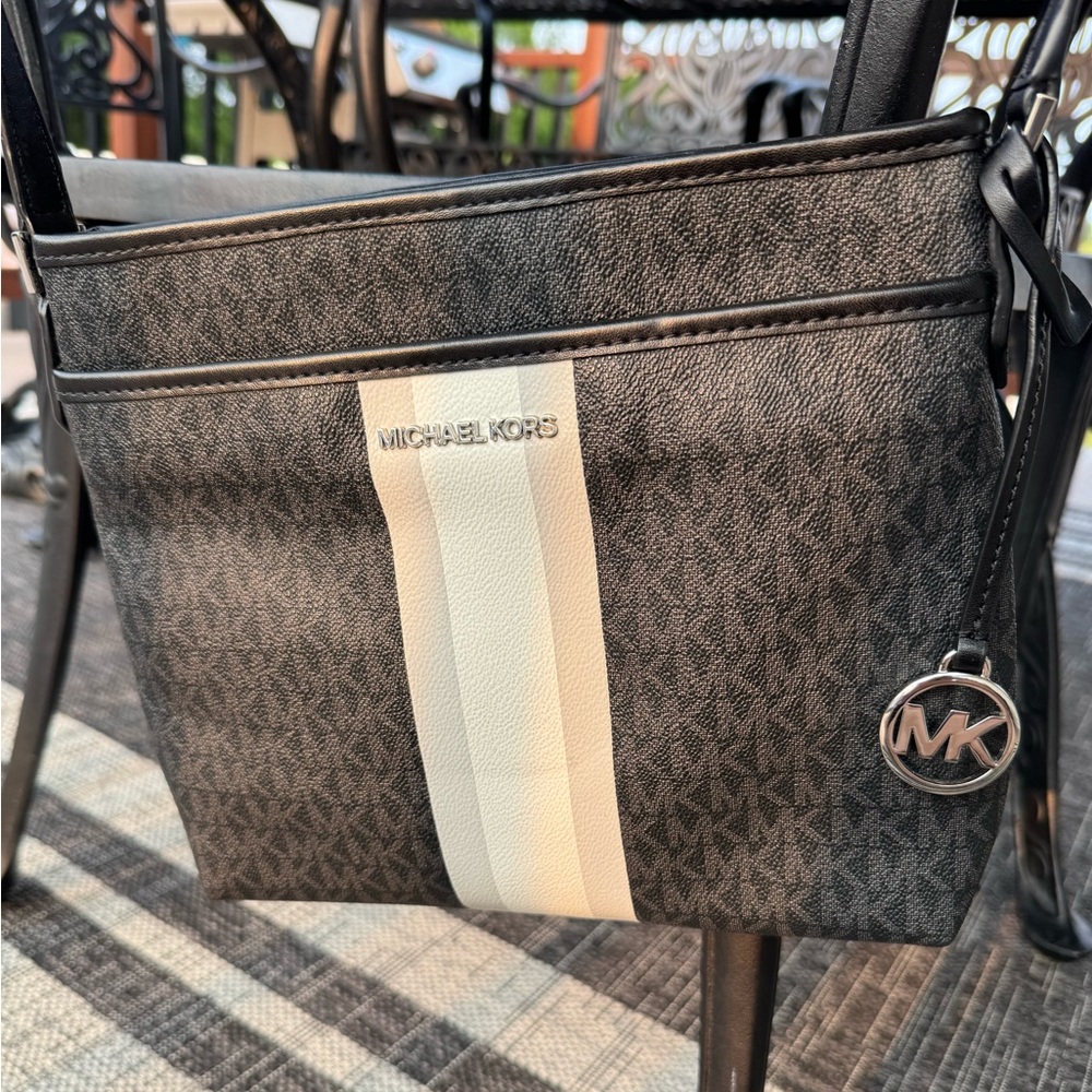 Michael Kors Black and White Messenger Bag with Signature Style